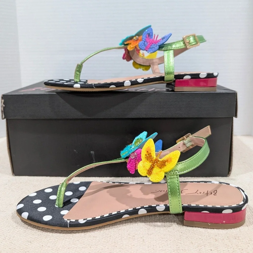 Betsey Johnson Halie Butterfly Floral Polka Dot Sandals Black Multi Size 7 NIB